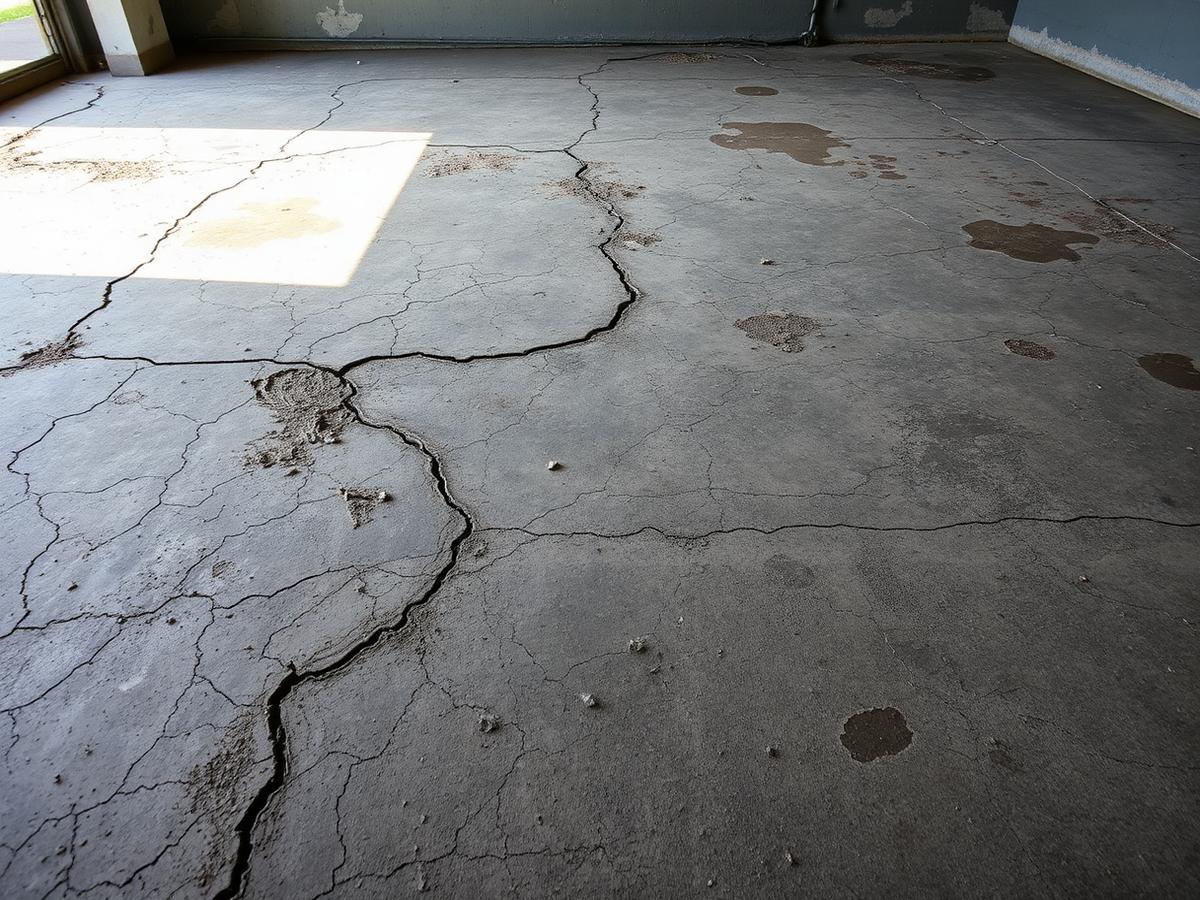 Cracked, oil-stained concrete garage floor before coating