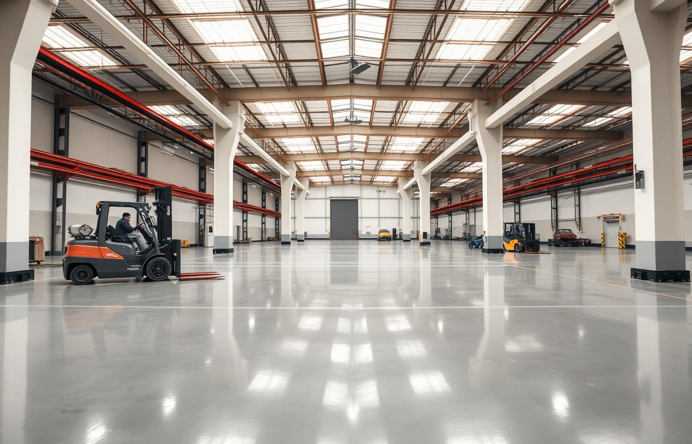 Warehouse with a seamless high-gloss industrial epoxy floor